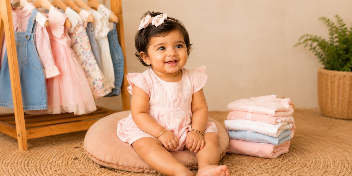 Stylish 6 month baby photoshoot with simple outfit and backdrop
