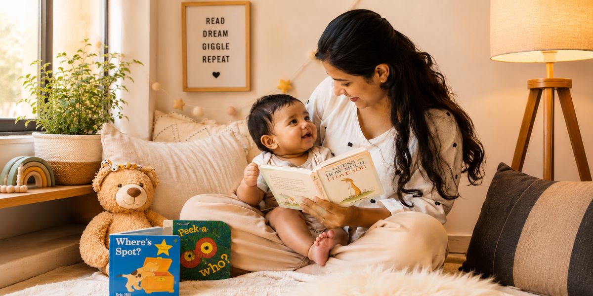Storytime corner baby photoshoot with board books and parent