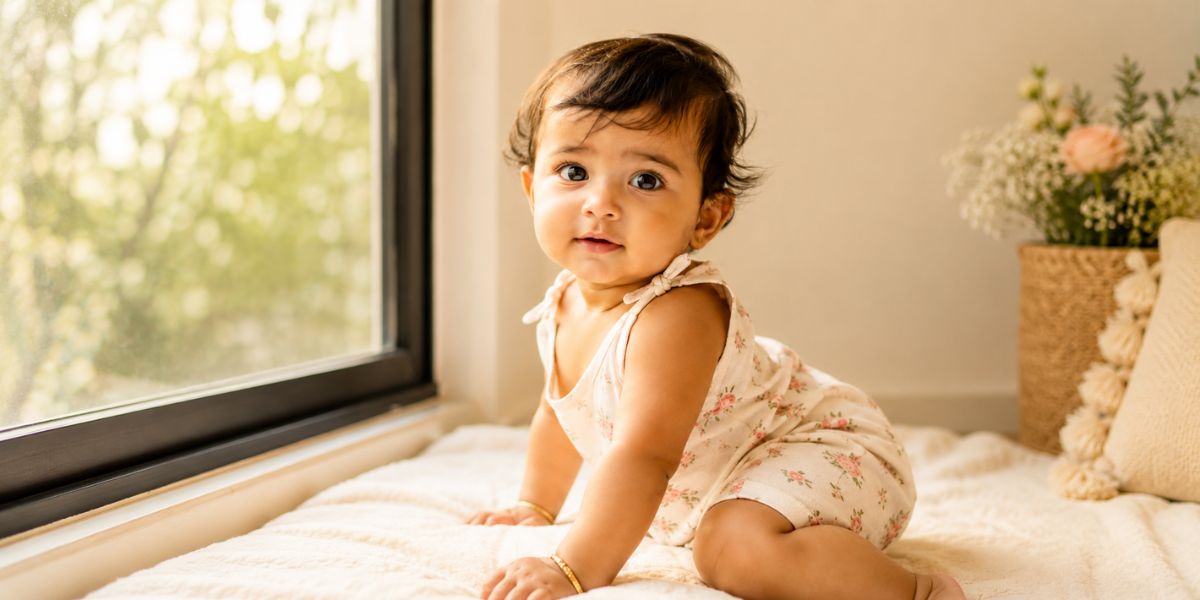 Natural window light setup for 6 month baby photoshoot
