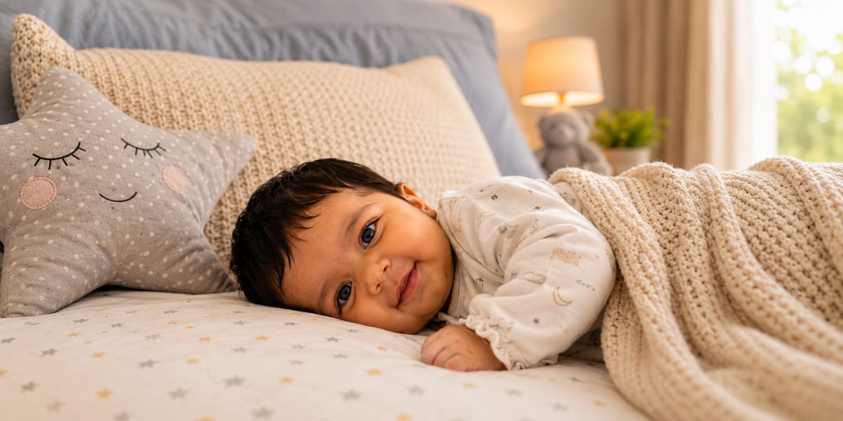 Dreamy bedtime 6 month baby photoshoot with soft pillows and pajamas