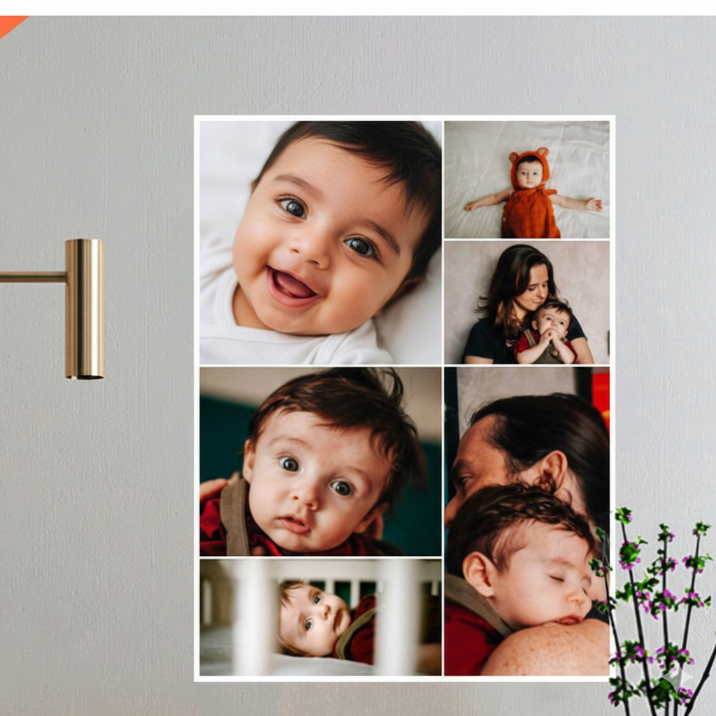 Photojaanic collage poster featuring a collection of baby and family photos beautifully arranged in a modern grid layout. A personalized wall poster that turns precious memories into stunning home décor