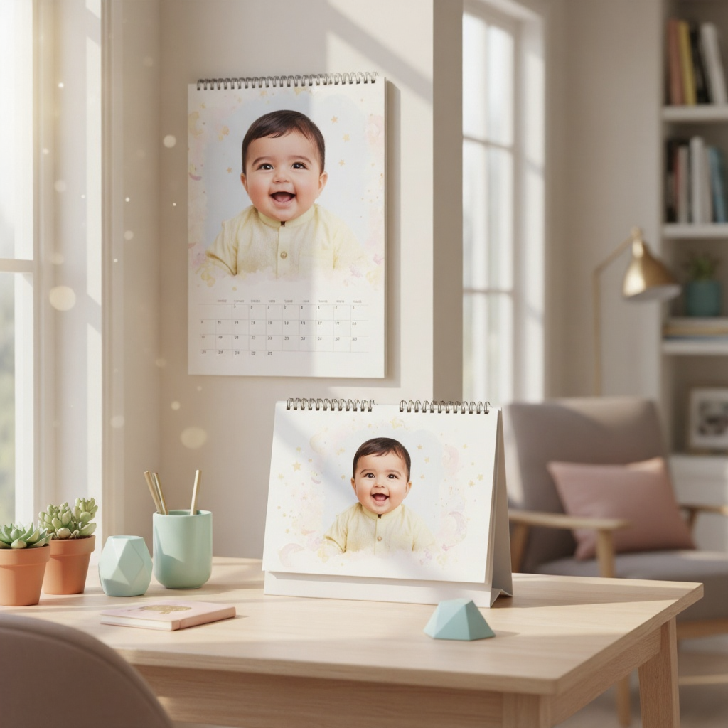 Photojaanic personalized baby photo calendar 2025–2026 displayed on a desk, featuring cute baby pictures for each month. Available as desk and wall calendars — a perfect custom photo gift to relive memories all year round