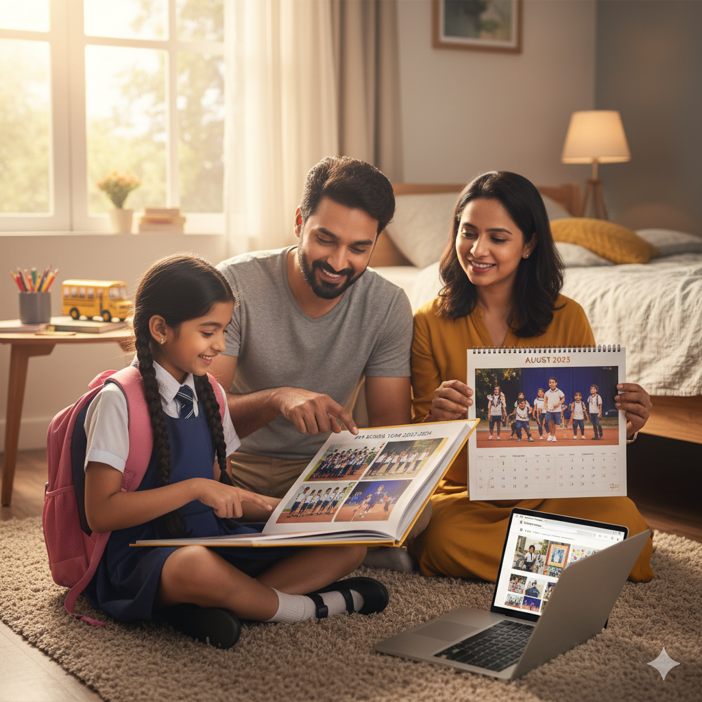 Family enjoying personalized school photo albums and calendars, perfect for back-to-school memories and gifts.