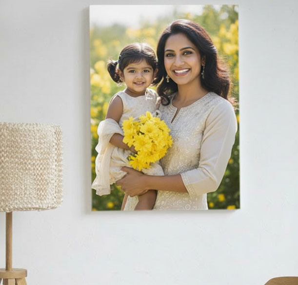 A modern living room or bedroom wall showcasing a large Photojaanic canvas print with a baby or family photo.
