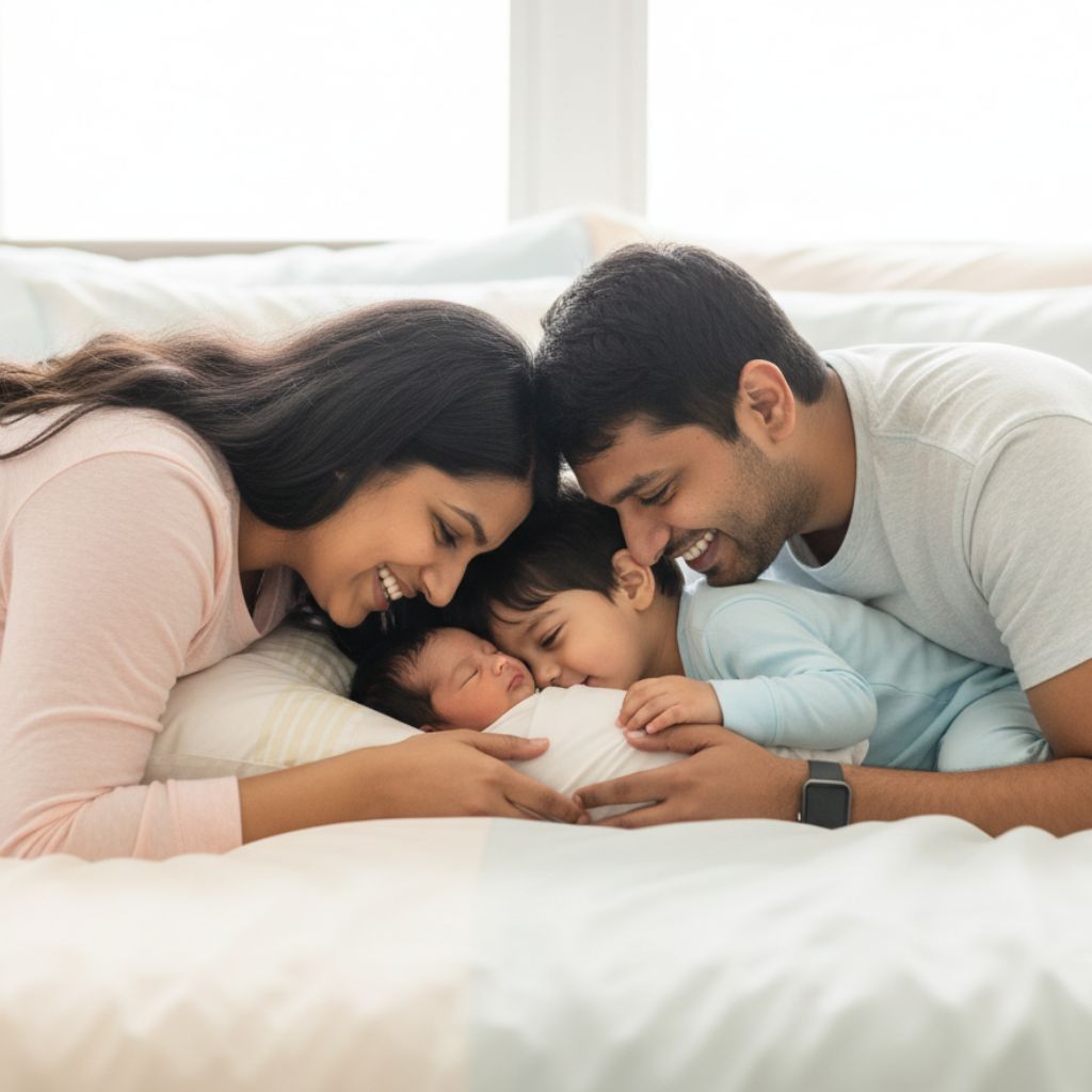 Parents cuddling newborn baby on pastel bed – cozy family newborn photoshoot at home India.