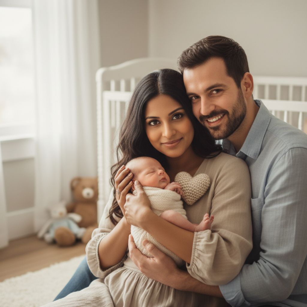 Mother holding newborn baby – tender skin-to-skin newborn photoshoot with parents at home India.