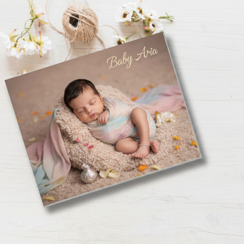 Photojaanic baby photobook featuring newborn baby photoshoot at home India – personalized baby album design.