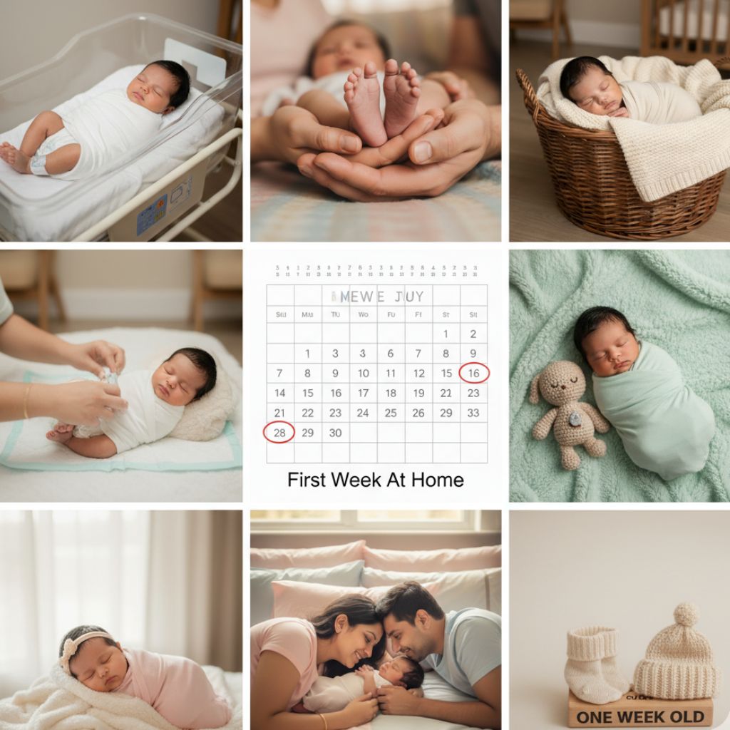 First-week newborn baby photoshoot at home India – daily moments captured in cozy natural light.