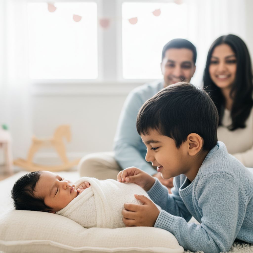 Older sibling kissing newborn baby – family newborn photoshoot at home India.