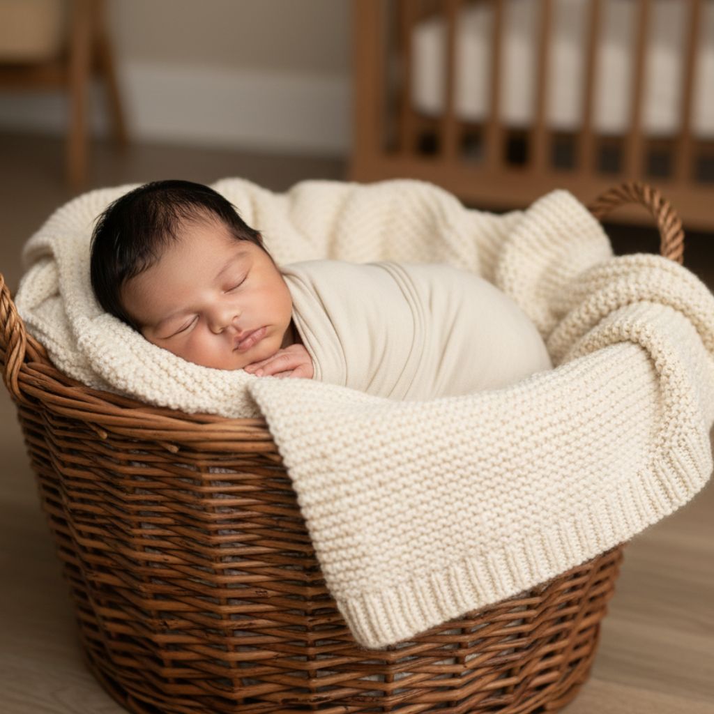 Newborn baby in a wicker basket with soft throw – cozy newborn baby photoshoot idea at home India.