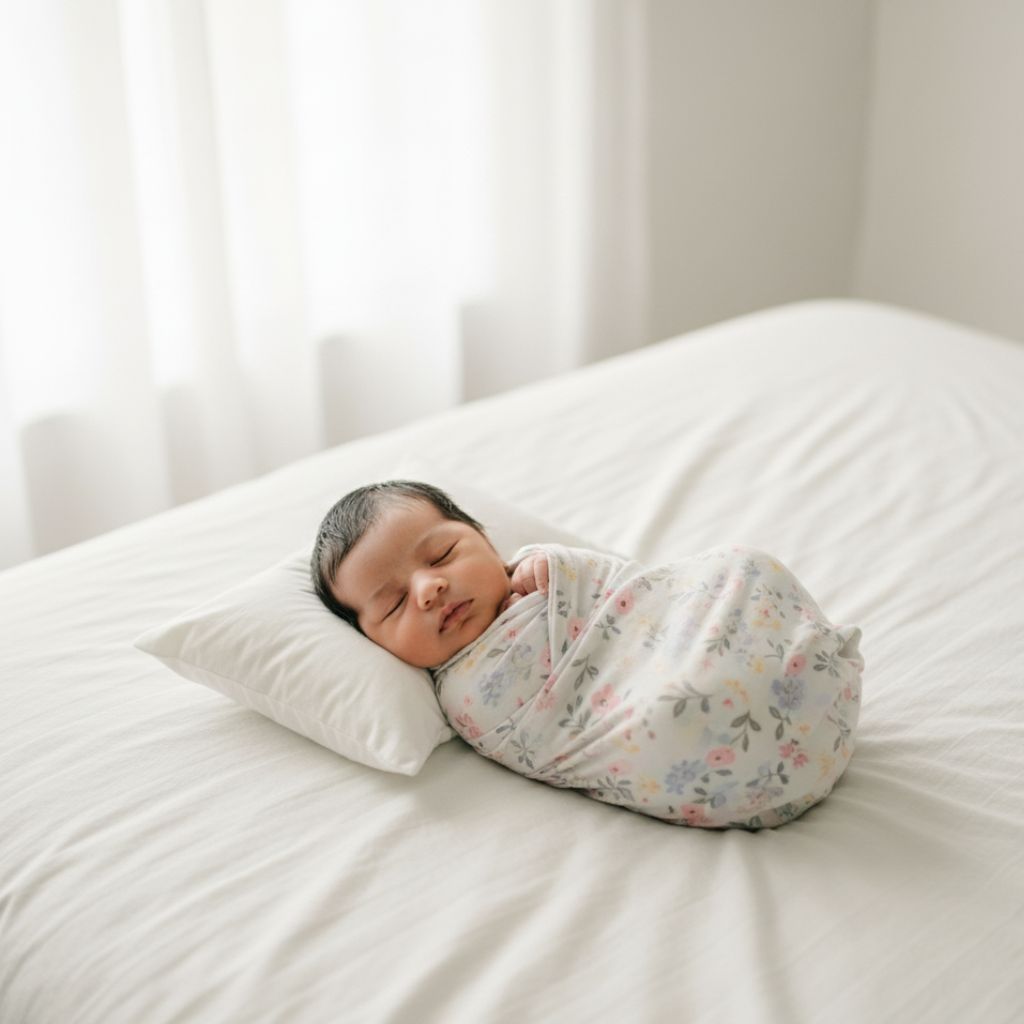 Baby wrapped in pastel near sheer curtain soft window light India.