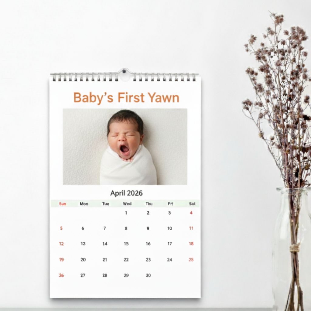 Custom Photojaanic baby calendar with milestones and festivals – newborn baby photoshoot at home India keepsake.
