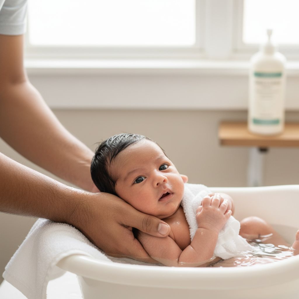 Baby’s first bath captured safely during newborn baby photoshoot at home India.