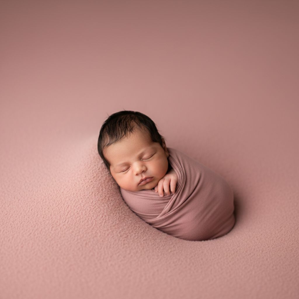Newborn baby lying on dusty-rose blanket – simple newborn baby photoshoot at home setup India.
