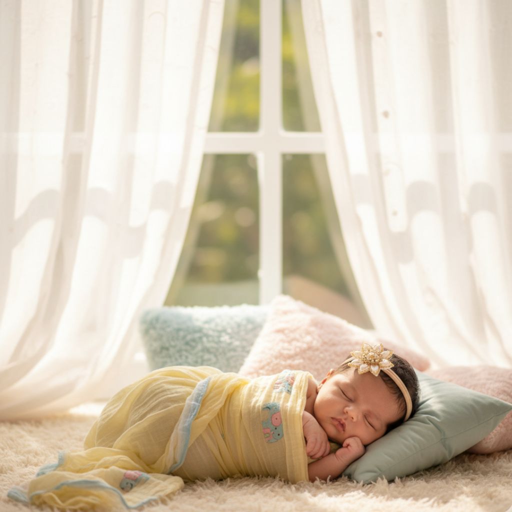 Baby wrapped in pastel near sheer curtain soft window light India.