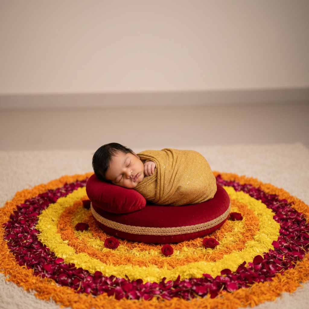 Diwali-themed newborn baby photoshoot at home India with marigold garlands and LED diyas.