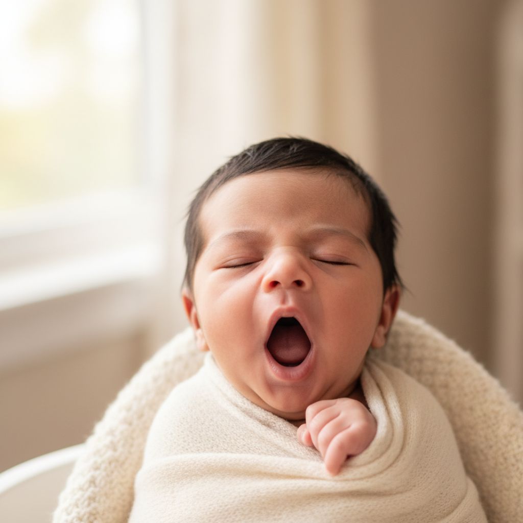 Candid first yawn portrait – adorable newborn baby photoshoot idea at home India.