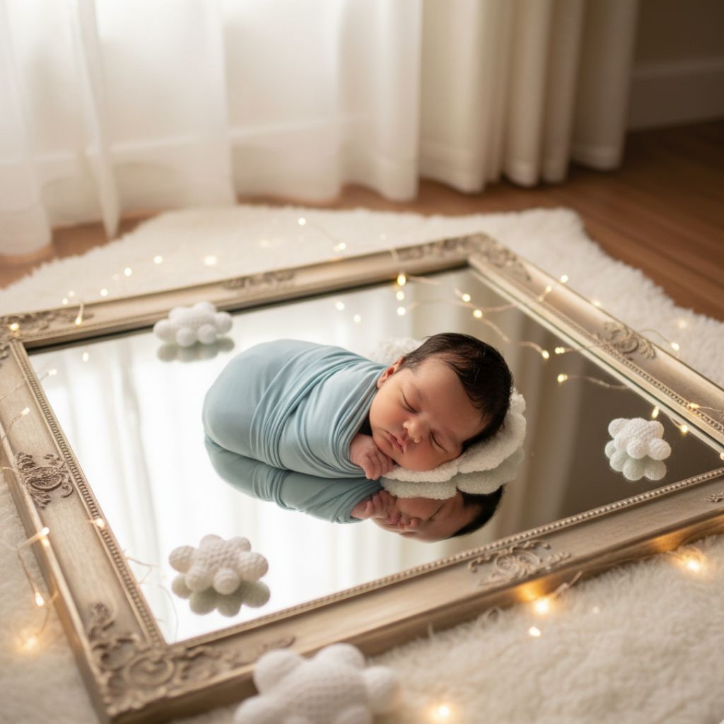 Creative newborn baby photoshoot at home India showing baby reflection in safe mirror.