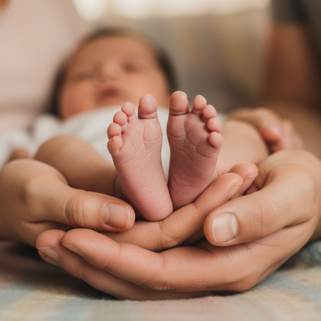 Close-up of baby feet in parents’ palms – emotional newborn photoshoot with parents at home India.