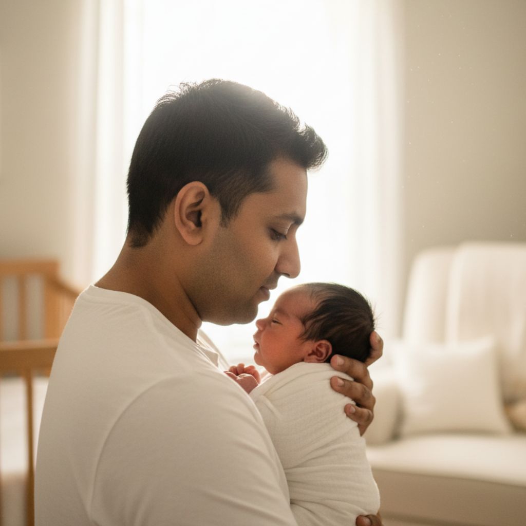 Parent burping baby near window light – emotional newborn baby photoshoot with parents at home India.