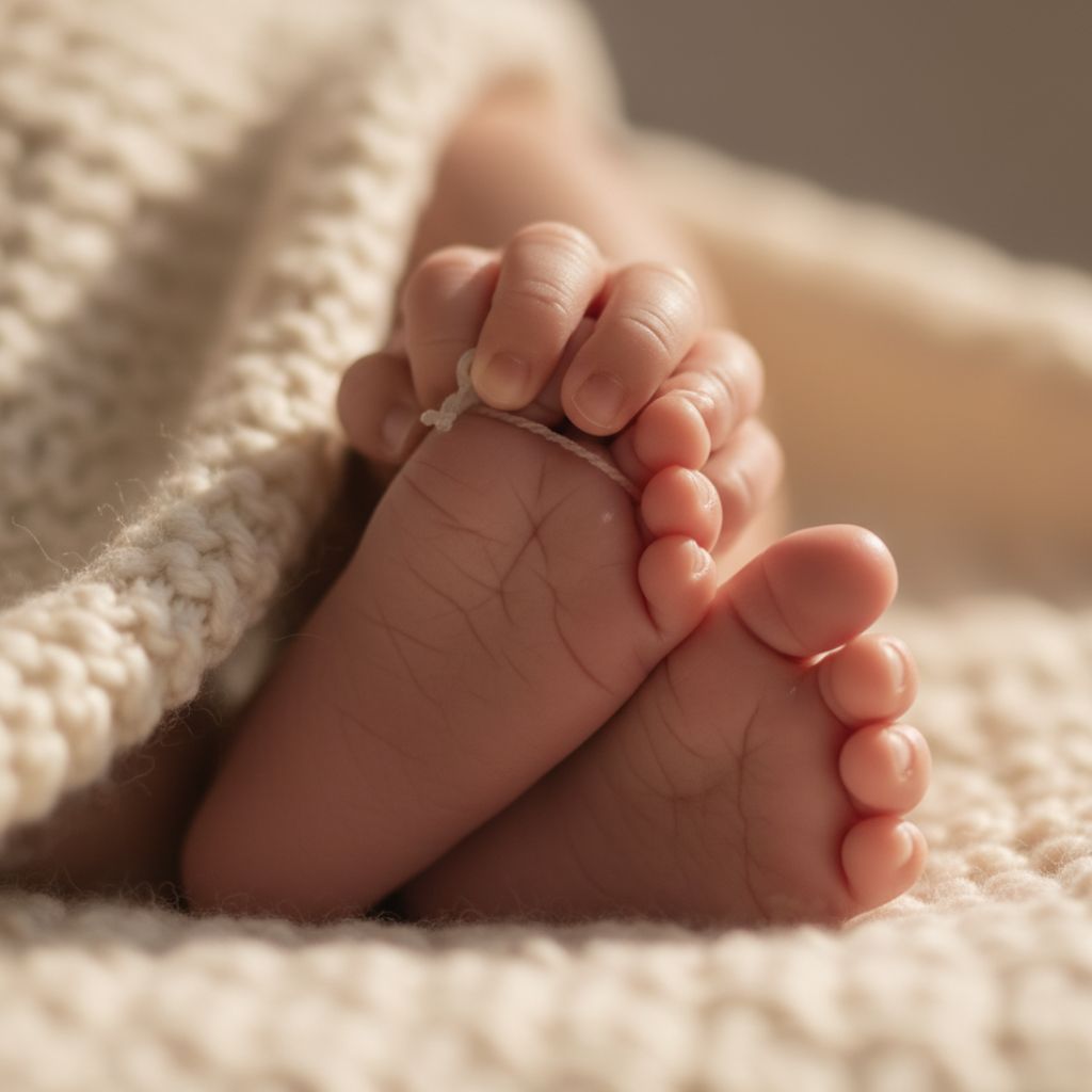 Macro close-up of newborn baby hand and toes at home India.