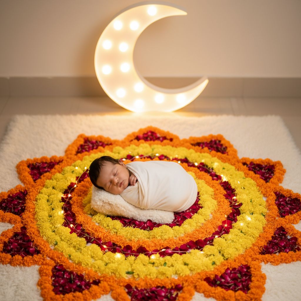 Festive newborn baby photoshoot at home India inspired by Eid and Onam celebrations.
