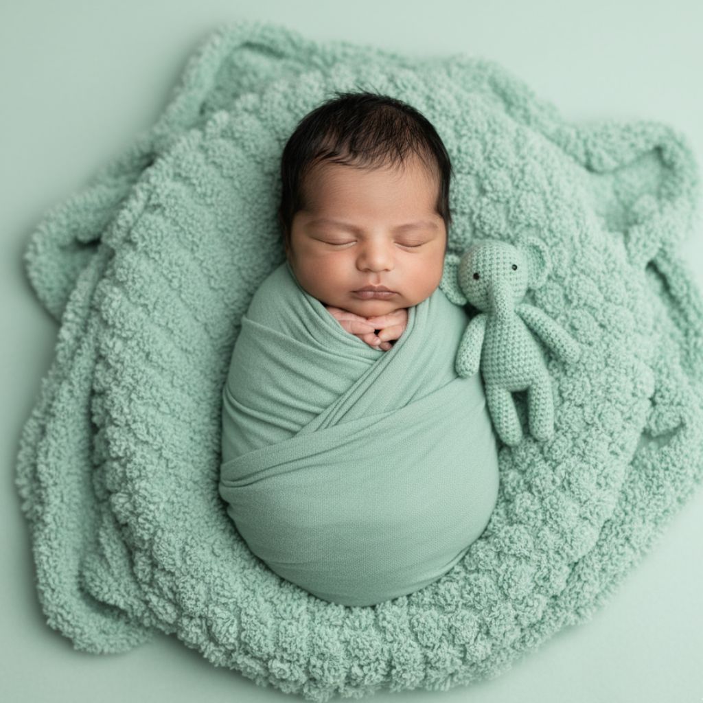 Newborn baby wrapped in mint-green theme home photoshoot India.