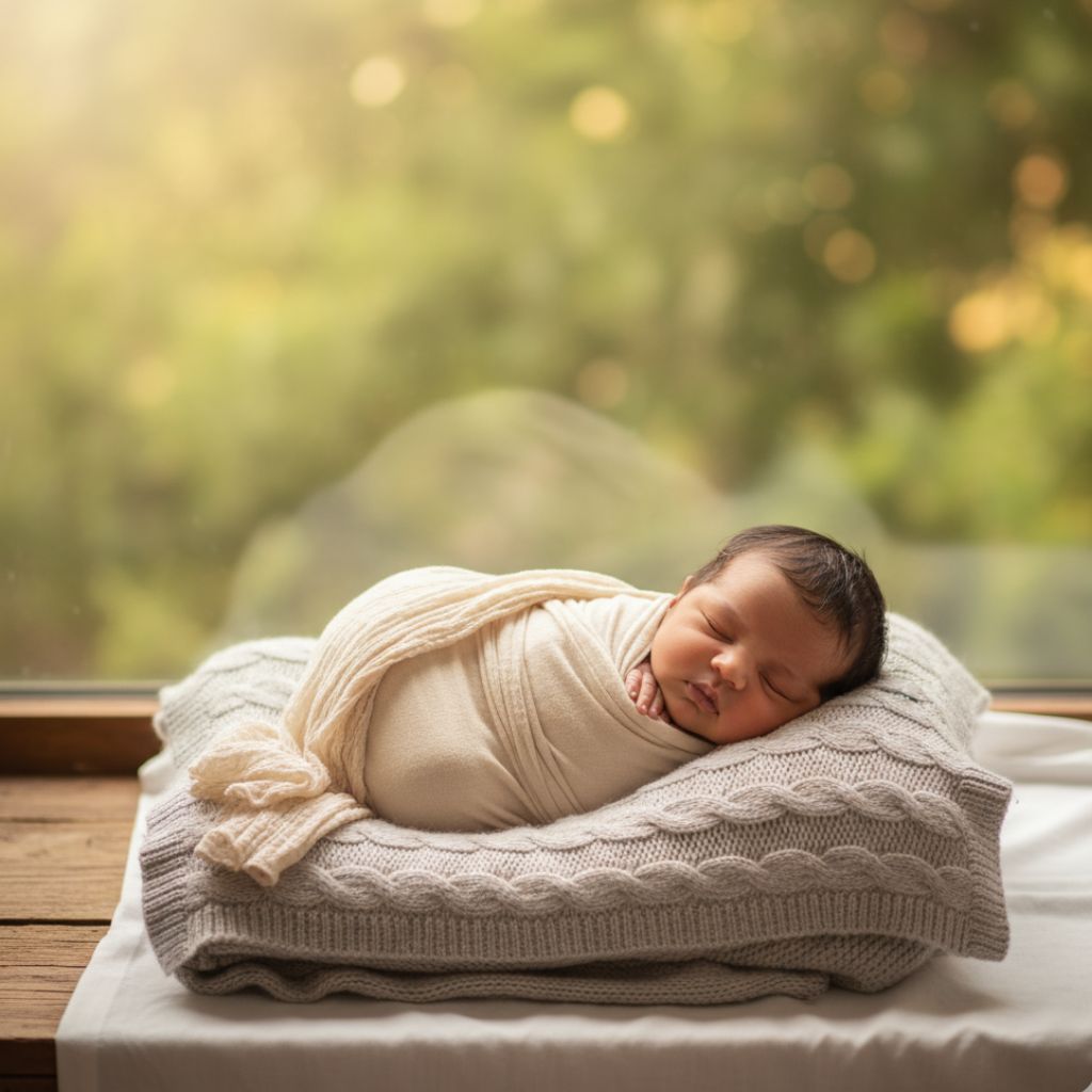 Newborn baby swaddled peacefully by window light at home in India.