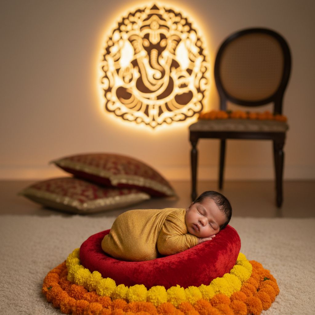 Auspicious newborn baby photoshoot at home India with Ganesh motif and traditional décor.