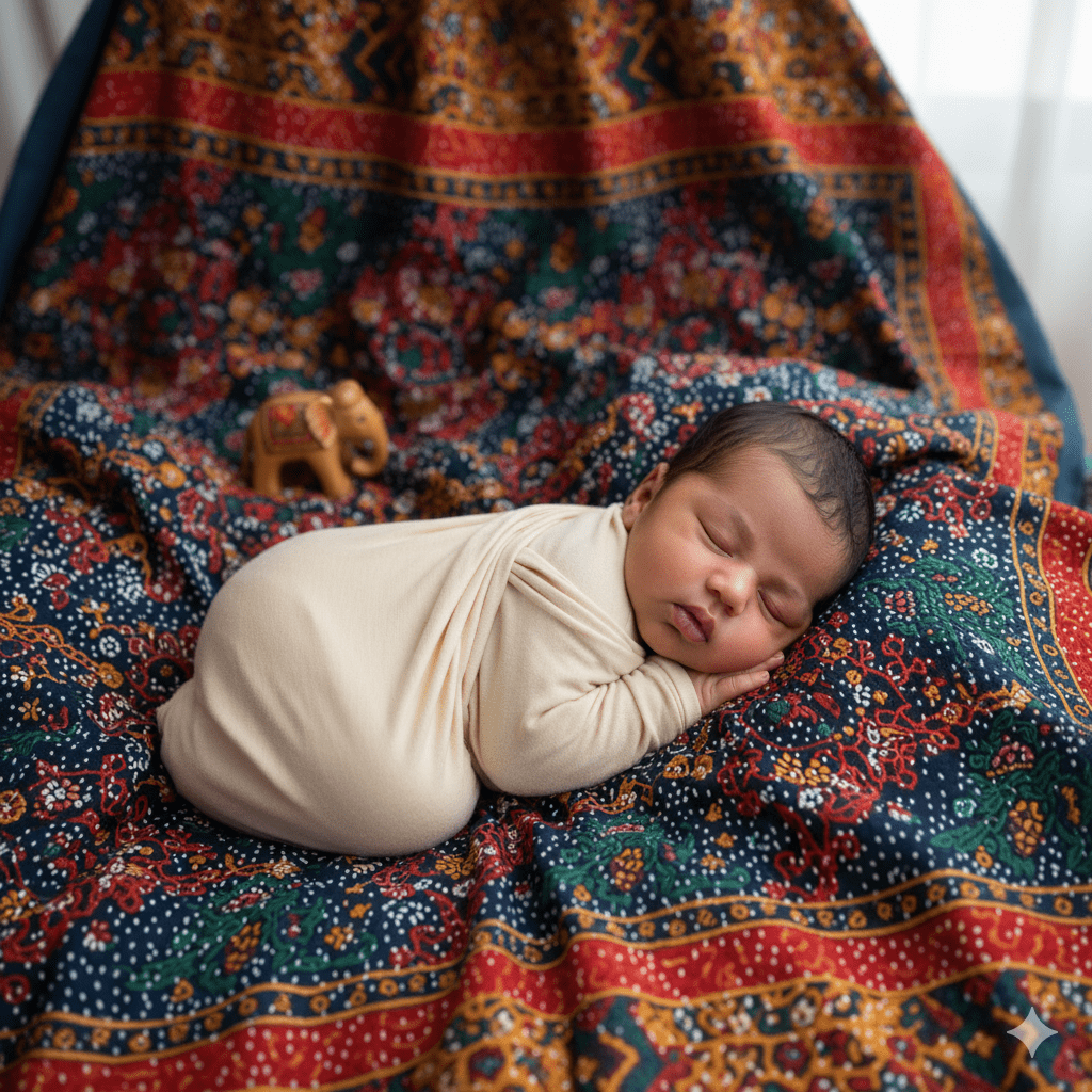 Heritage newborn baby photoshoot at home India using colorful ikat or kantha backdrop.