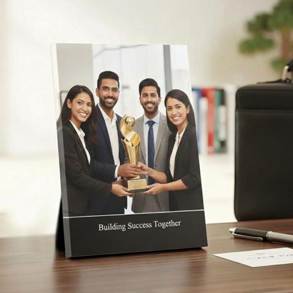 Elegant table frames displaying certificates, awards, and motivational quotes for employees.