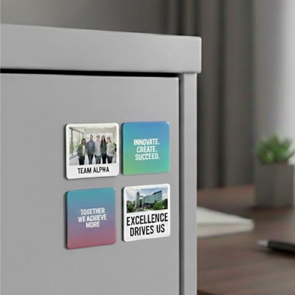 Stylish designer magnets for office desks with motivational quotes and branding.