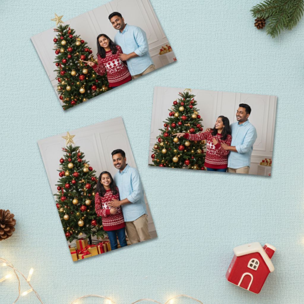Photo magnets on a fridge displaying kids’ Christmas memories – playful christmas gifts for kids and famil