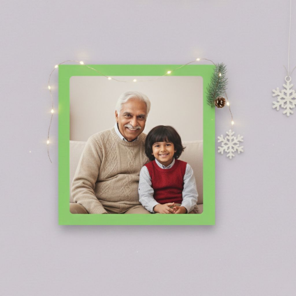Green and white colored wall frames with family portraits – festive christmas gifts for family home décor