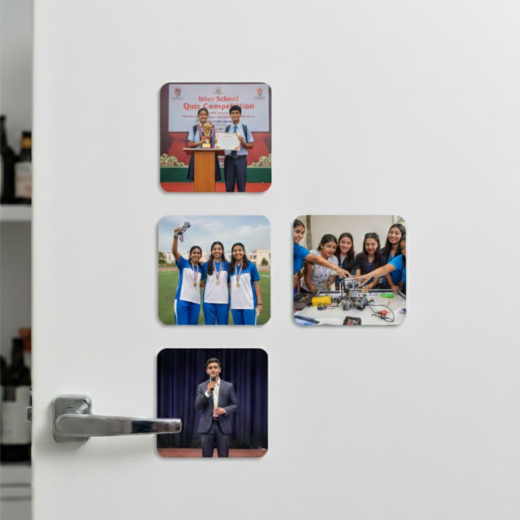 Personalised photo magnets as school bulk order gifts in India, featuring student memories for farewell and annual day events