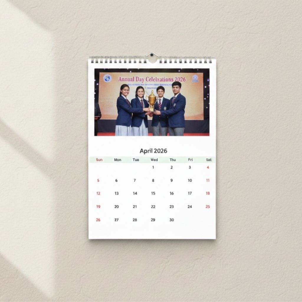 Custom wall calendar showcasing school supplies and personalised school gifts for students in India.