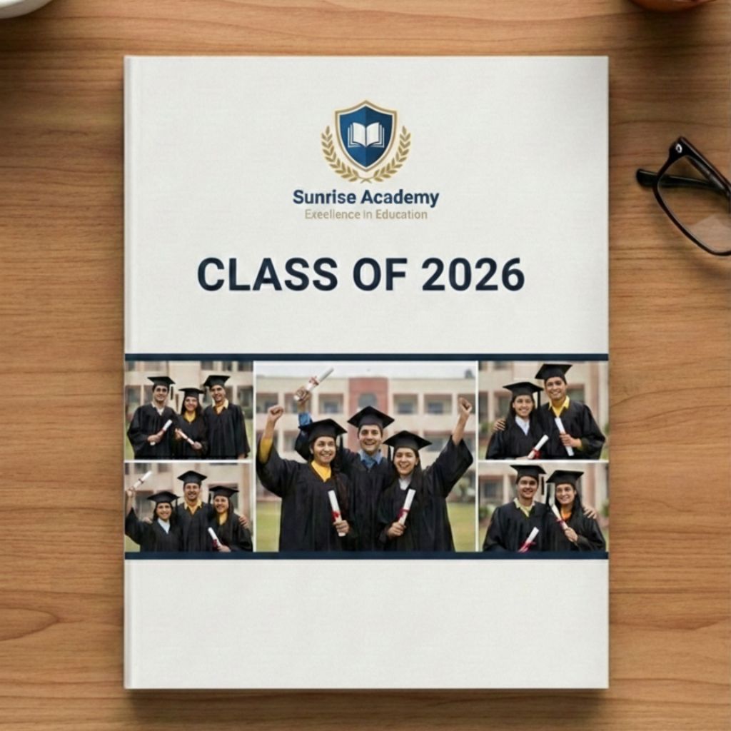 School yearbook featuring graduation and farewell memories, one of the best school bulk order personalised gifts in India.