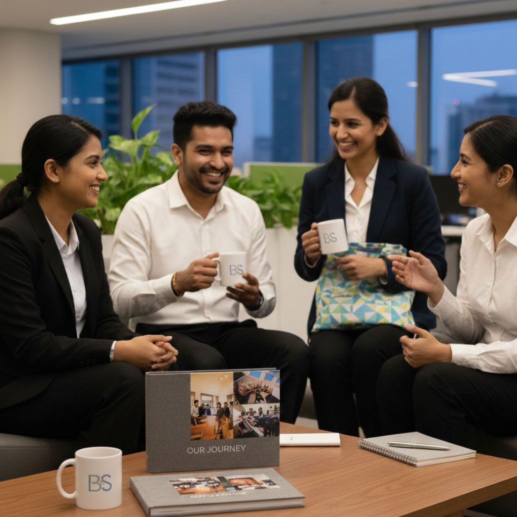Employees enjoying branded photo book and custom mugs as premium corporate merchandise for team engagement