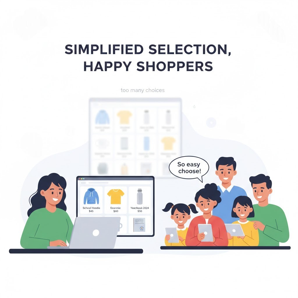 Simplified school merchandise program with curated products for easy school spirit wear planning and sales