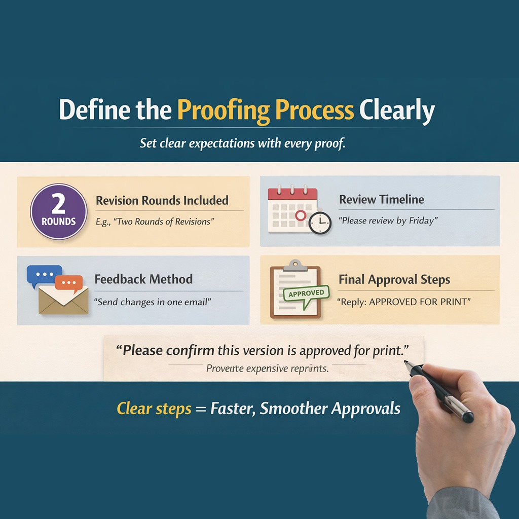 Album proofing checklist showing revision rounds, review timeline, and final approval steps for professional photo album printing