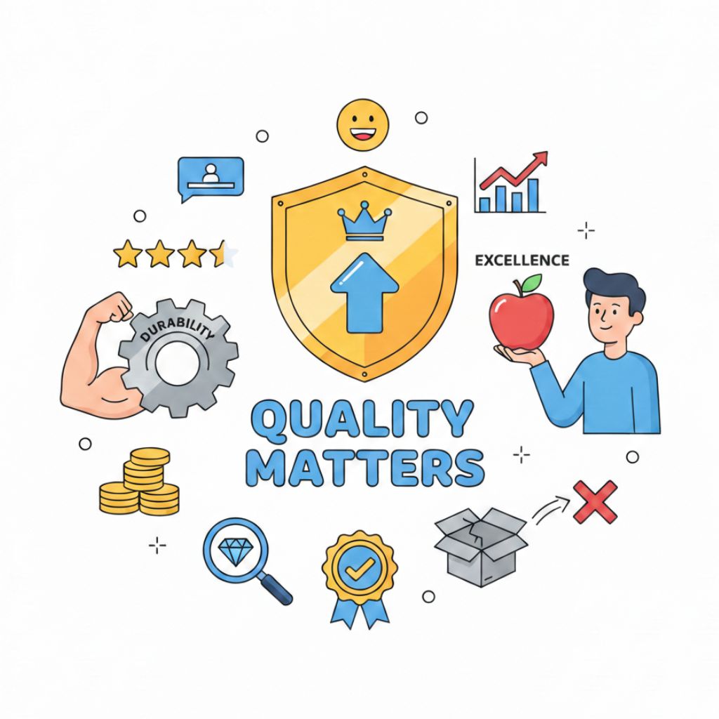 Quality matters illustration showing durability and excellence in corporate swag products
