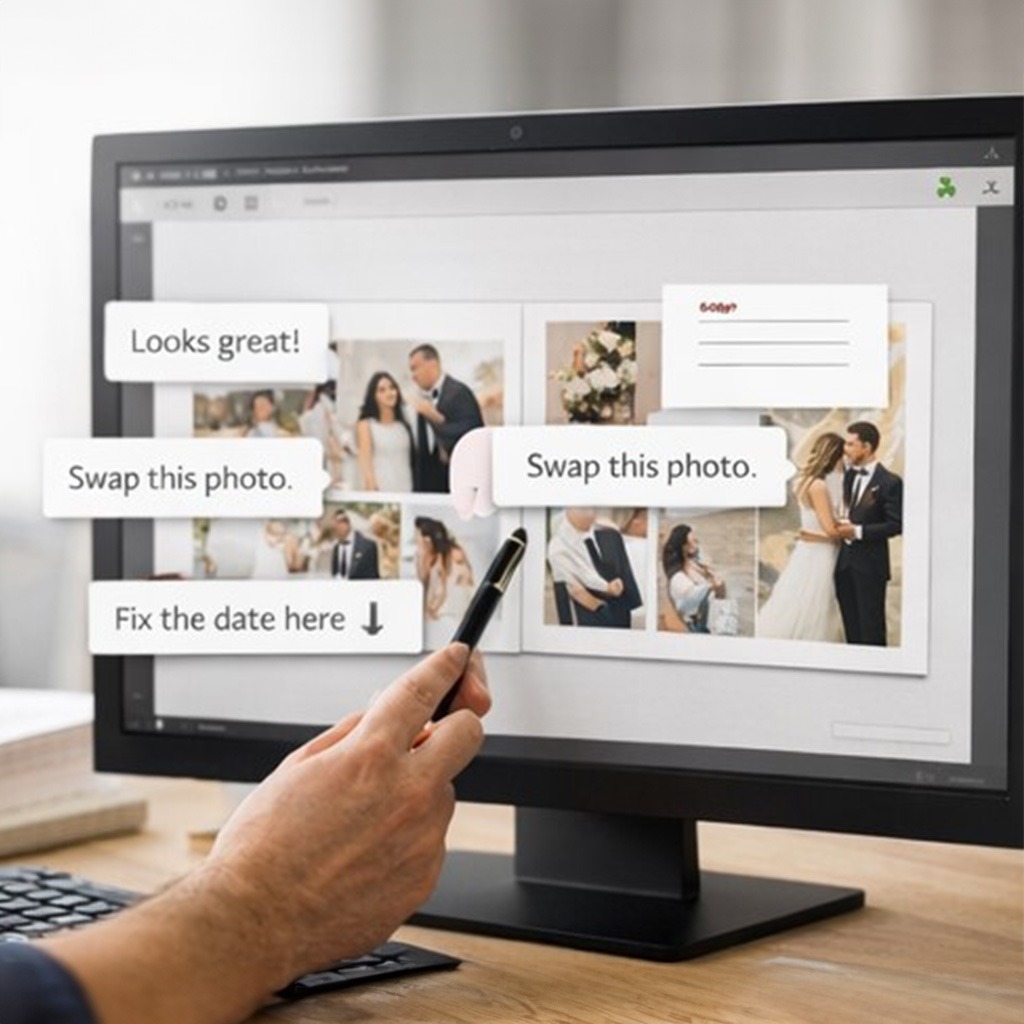 Photo book proofing process displayed on screen with comments for professional photography album proofing