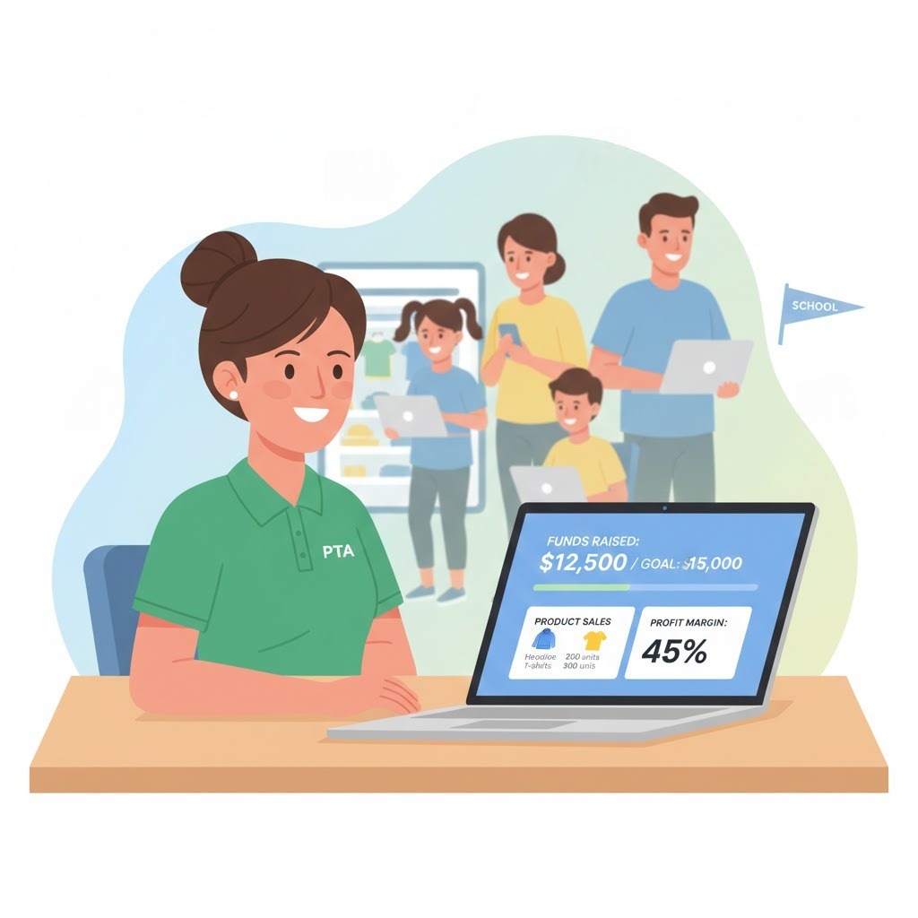 PTA merchandise program dashboard showing school fundraising merchandise sales and profit tracking