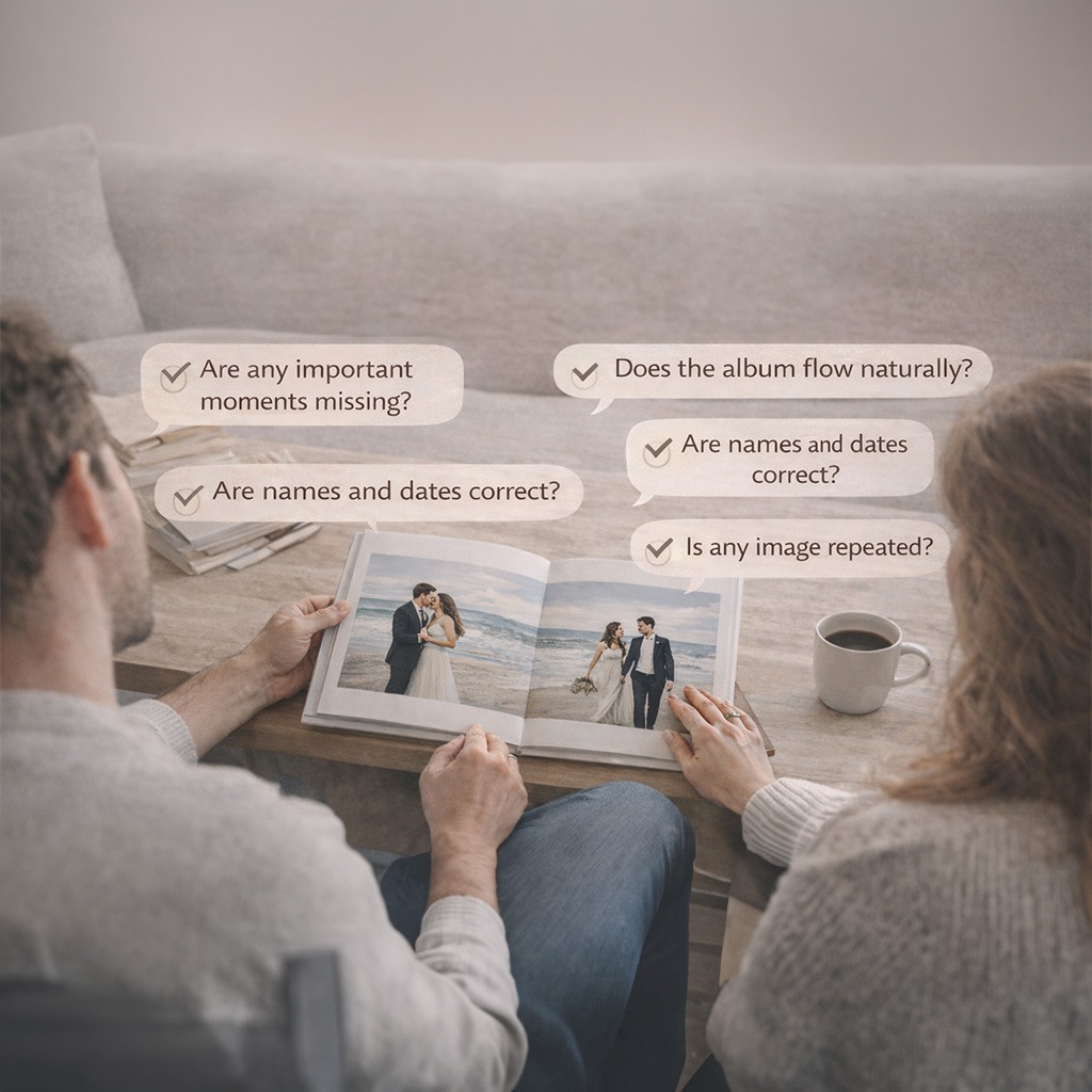 Wedding couple reviewing their photo album using a detailed album pre-print checklist to prevent photo album errors