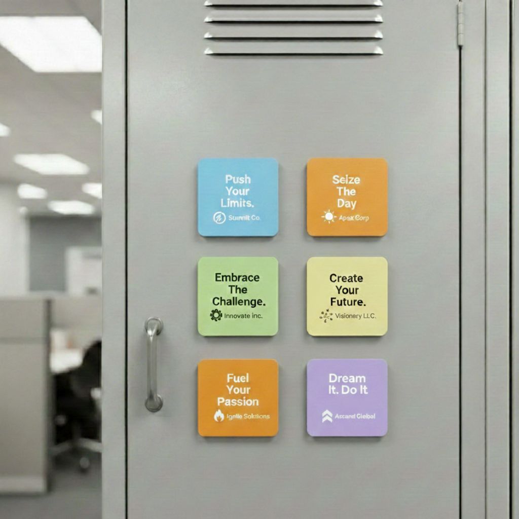 Motivational office magnets displayed as creative corporate swag and employee recognition merchandise