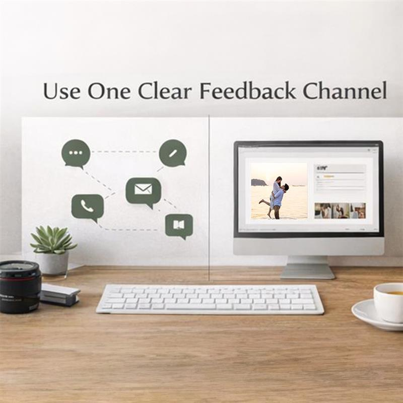 Photographer workflow showing one clear feedback channel in the photography album approval process