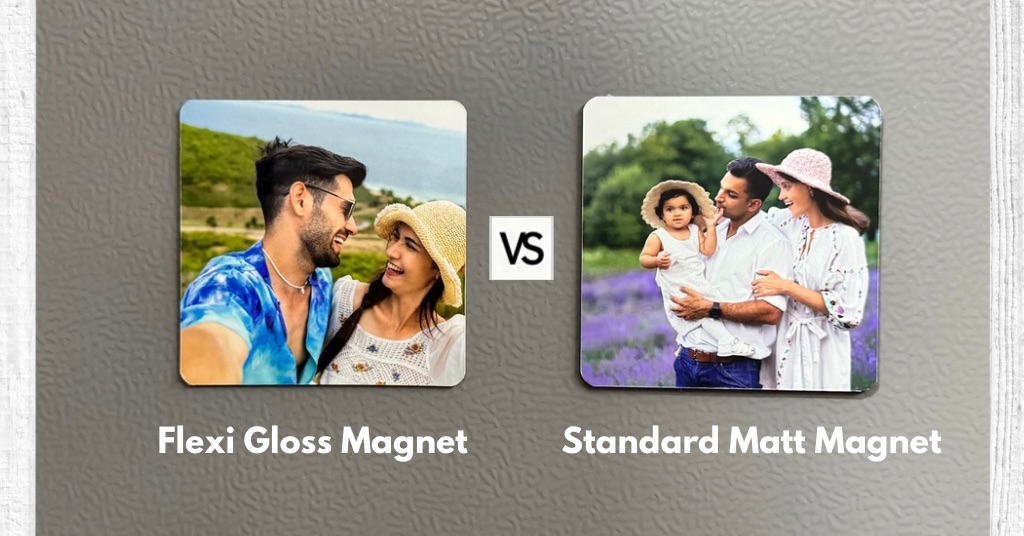 Flexible Gloss Magnet vs Standard Matte Magnet comparison – custom photo magnets with gloss and matte finish options