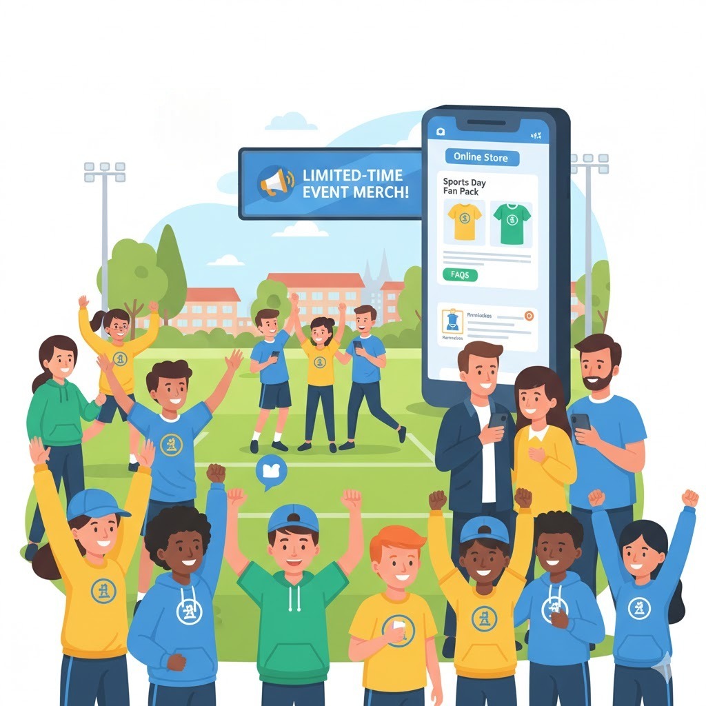 School spirit wear program for event merchandise sales through mobile school merchandise platform