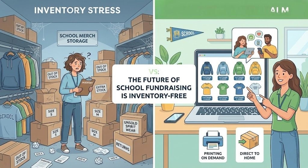 Inventory-free school merchandise program replacing traditional school spirit wear storage stress