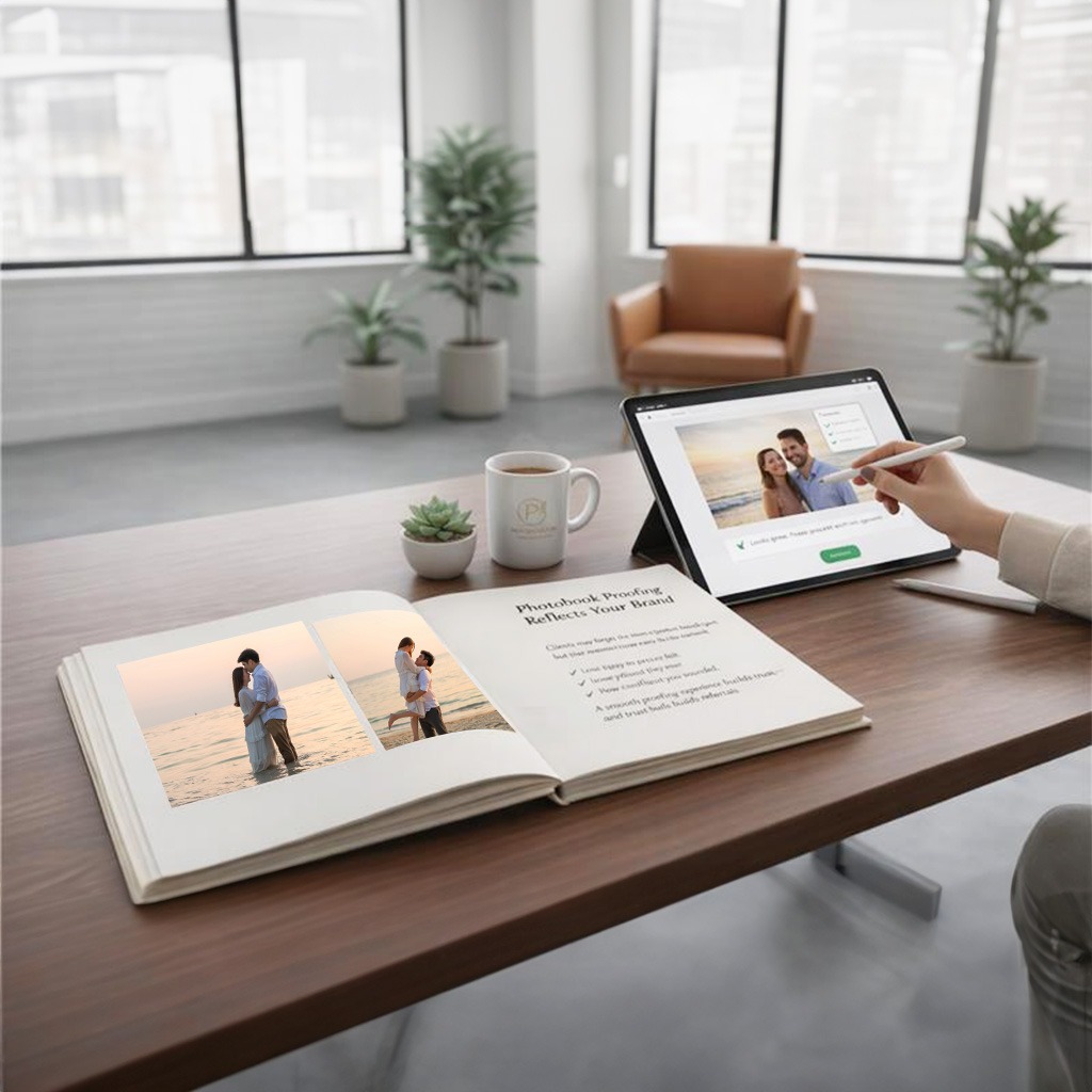 Professional photographer reviewing digital album proof on tablet as part of quality control for photo albums